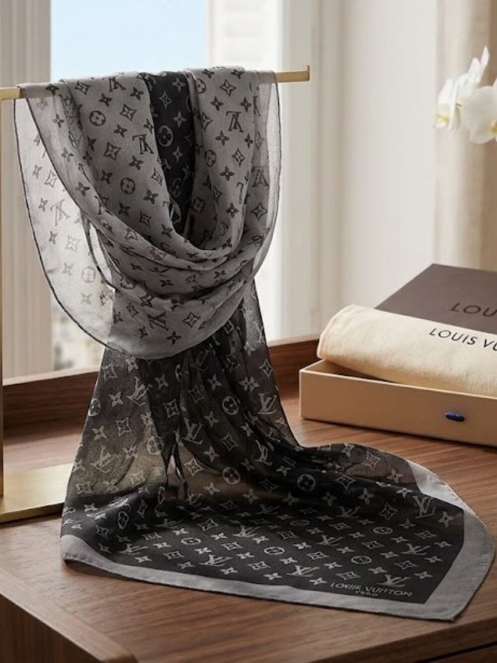 Louis Vuitton chiffon Black gray Logo Print Square Scarf for Women